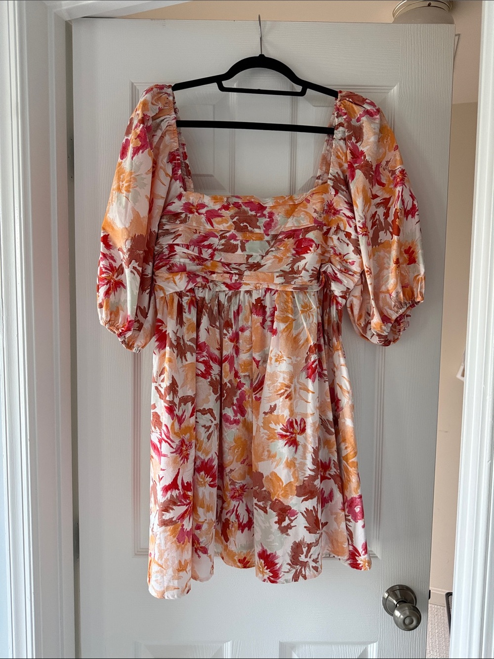 Abercrombie & Fitch Floral Puff-Sleeve Mini Dress in Pink, Orange & Cream